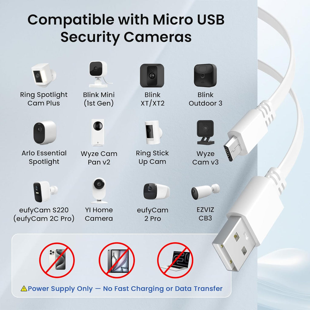 Micro USB Power Cable 20 FT (2 Pack),Flat Micro USB Charging Power Cord,Charger for Wyze Cam V3 Pan 25,Nest Yi Cam 15,Blink XT XT2 Mini,Outdoor 3Rd Gen Camera 16,Arlo Q,Xbox One Controller