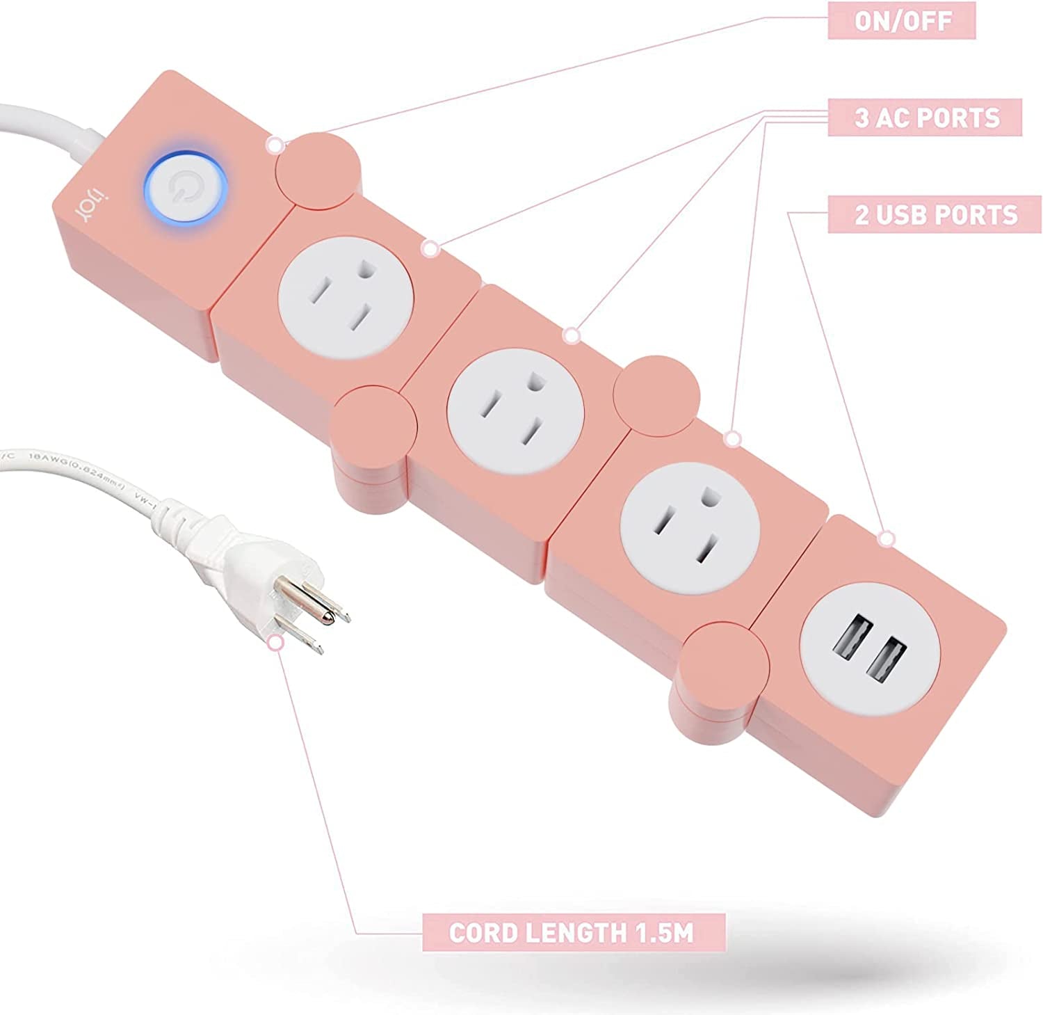 Flexible Power Strip- 3 AC Outlets and 2 USB Charging Ports with 5 Ft Extension Cord- 1250W/125V Decorative Surge Protector Outlet Extender for Home Office, Dorm, Room and More (Pink)