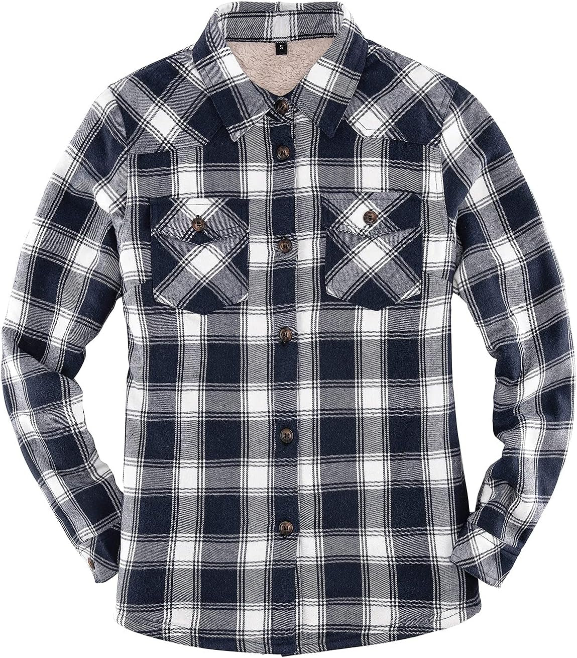 Womens Sherpa Lined Flannel Jacket with Hand Pockets, Plaid Button down Fuzzy Shirt Jackets