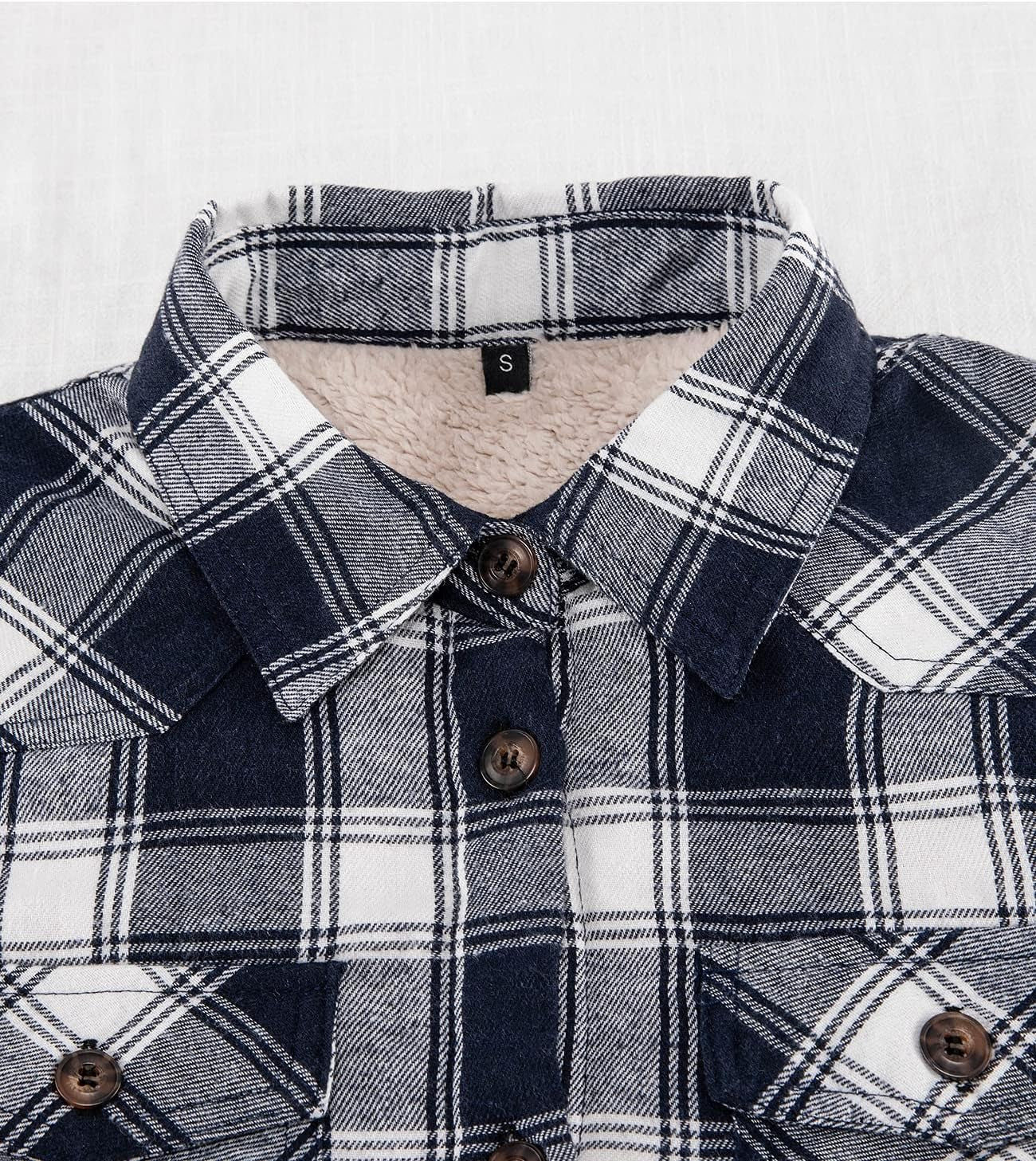 Womens Sherpa Lined Flannel Jacket with Hand Pockets, Plaid Button down Fuzzy Shirt Jackets