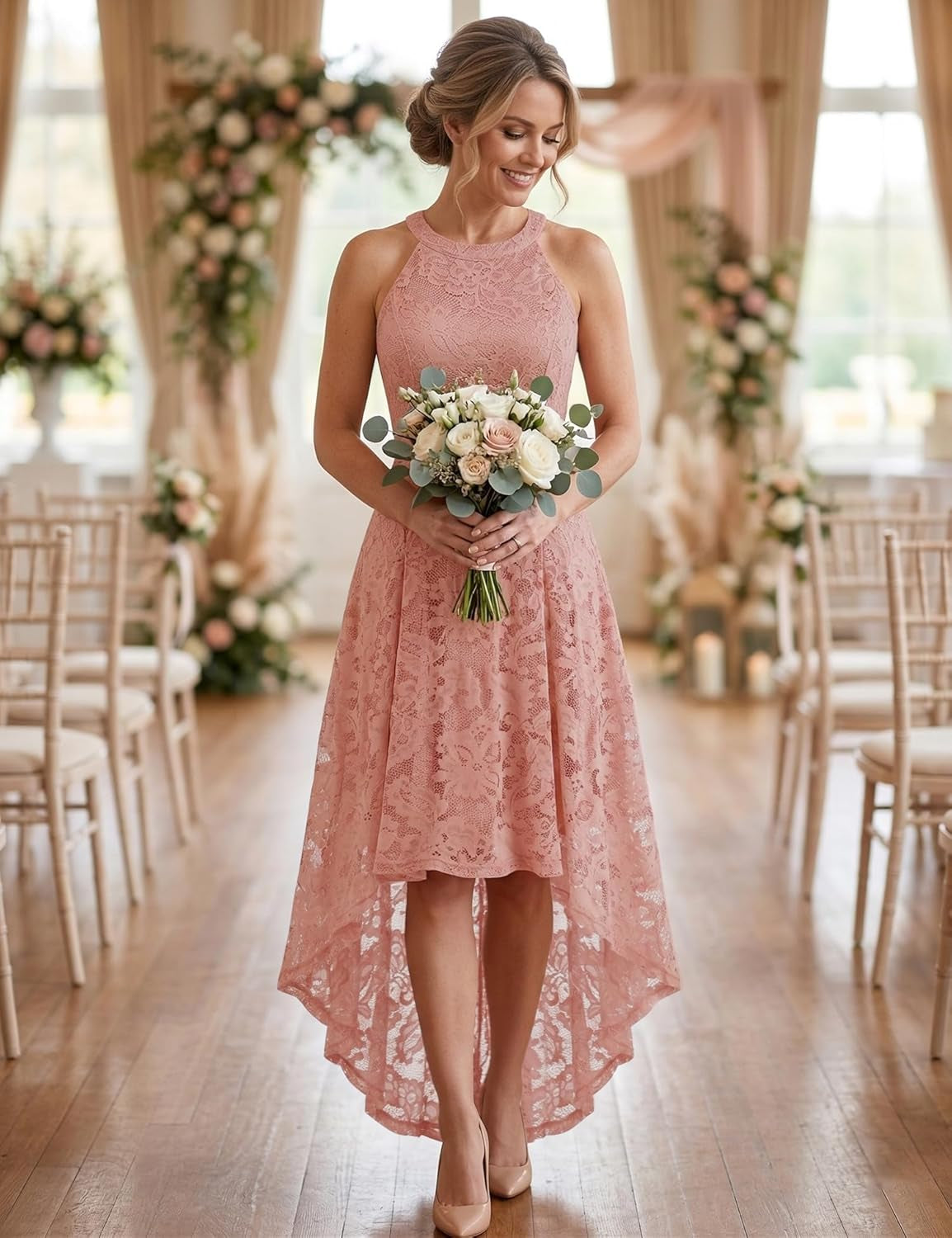 Women Halter Lace Wedding Guest Dress Hi-Lo Cocktail Party Bridesmaid Formal Dresses