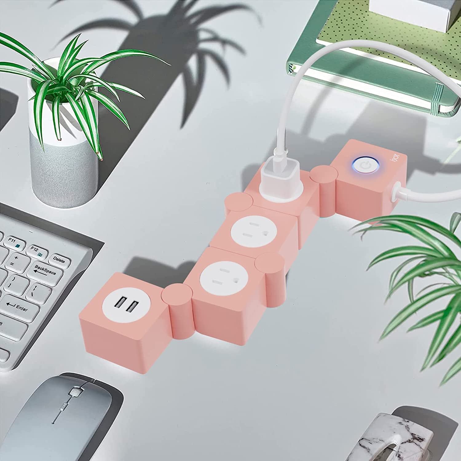 Flexible Power Strip- 3 AC Outlets and 2 USB Charging Ports with 5 Ft Extension Cord- 1250W/125V Decorative Surge Protector Outlet Extender for Home Office, Dorm, Room and More (Pink)