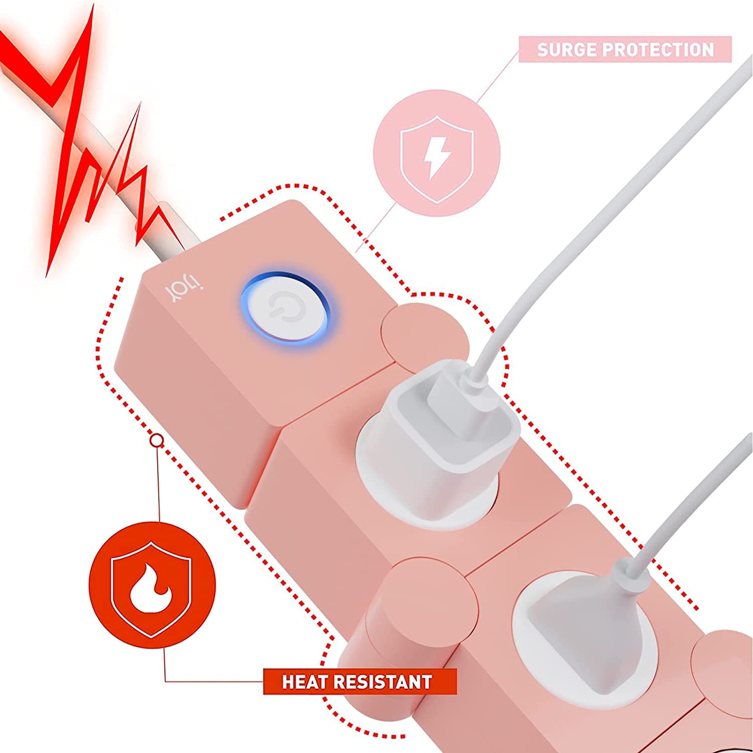 Flexible Power Strip- 3 AC Outlets and 2 USB Charging Ports with 5 Ft Extension Cord- 1250W/125V Decorative Surge Protector Outlet Extender for Home Office, Dorm, Room and More (Pink)