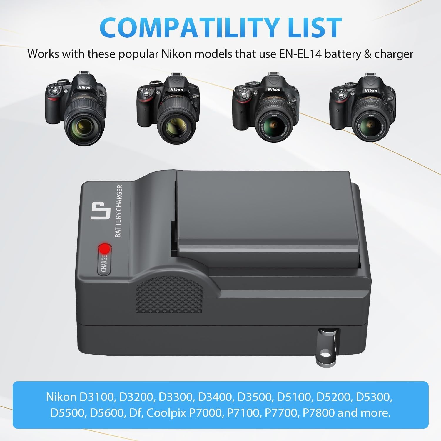 EN-EL14 EN El14A Battery Charger Pack,  Charger Compatible with Nikon D3500, D5600, D3300, D5100, D5500, D3100, D3200, D5200, D5300, D3400, DF, Cooix P7000, P7100, P7700, P7800 Cameras & More