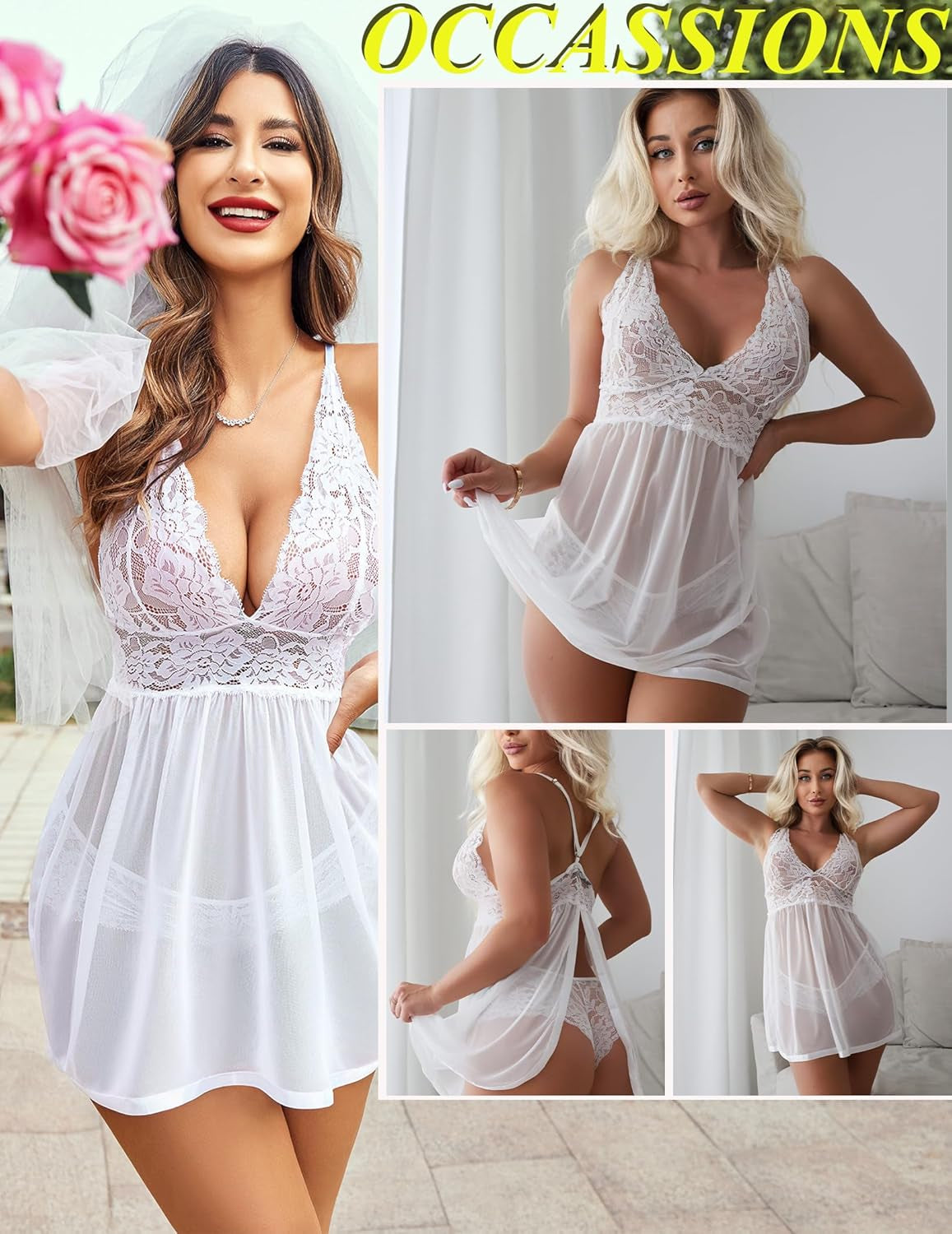 Women Lingerie Lace Babydoll Strap Chemise Halter Teddy V Neck Sleepwear