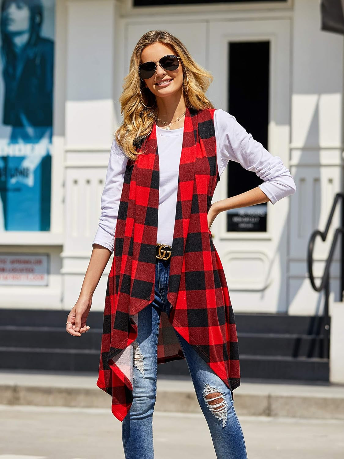 Womens Plaid Open Front Cardigan Sleeveless Drape Lightweight Vest Coat with Pockets