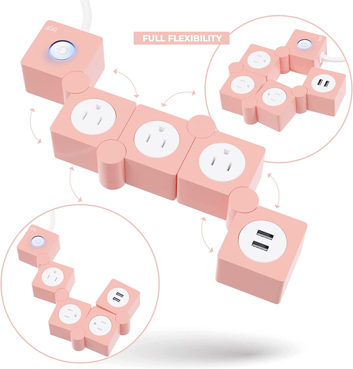 Flexible Power Strip- 3 AC Outlets and 2 USB Charging Ports with 5 Ft Extension Cord- 1250W/125V Decorative Surge Protector Outlet Extender for Home Office, Dorm, Room and More (Pink)