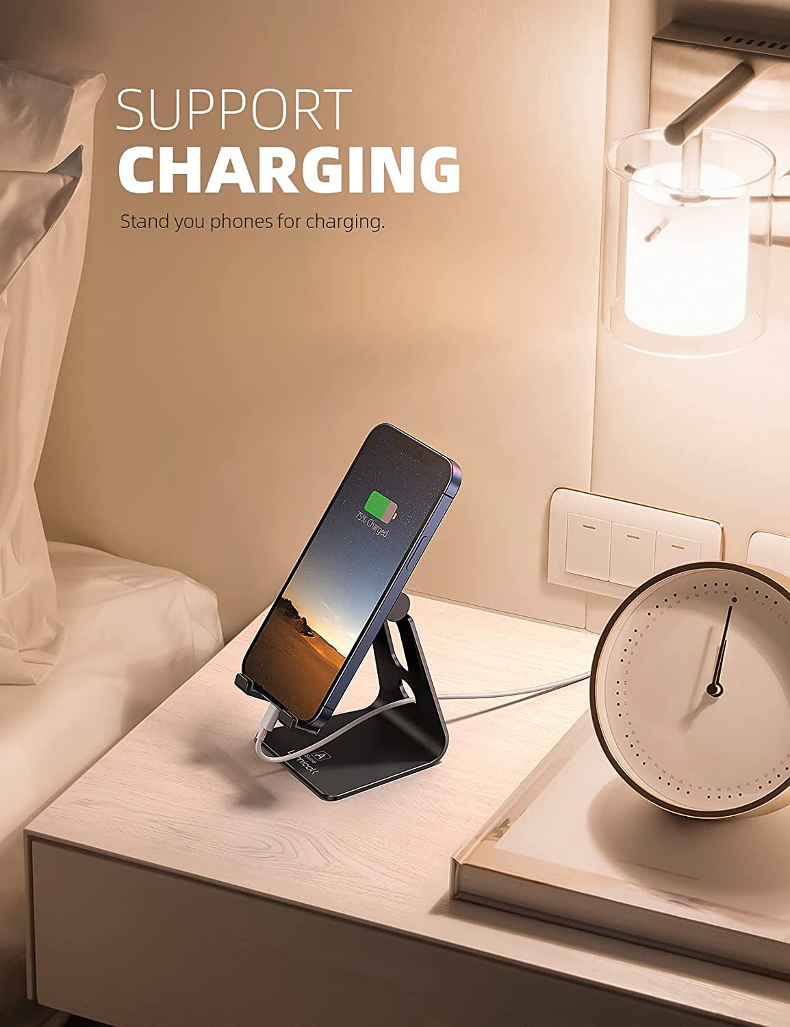 Adjustable Cell Phone Stand, Desk Phone Holder, Cradle, Dock, Compatible with Iphone 17 16 15 14 Air plus Pro Pro Max 13 12 X XS, 4-8" Phones, Office Accessories Gifts, All Smartphone, Black