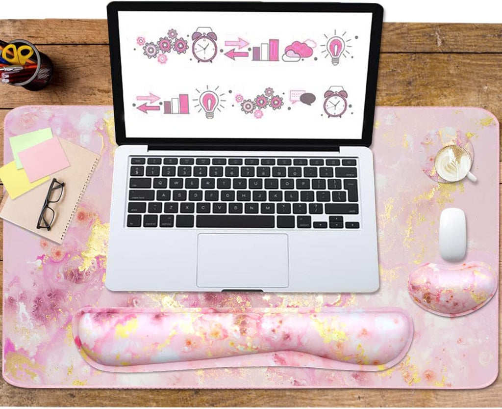 Keyboard Mouse Pad Set, Extended Mouse Pad+Keyboard Wrist Rest Support, Memory Foam Ergonomic Easy Typing, 3Pcs (35.4×15.7 In) Desk Pad Set for Home Office Study Game- Pink Gold Marble