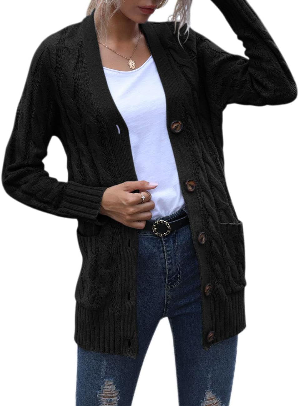 Women'S Long Sleeve Cable Knit Sweater Open Front Cardigan Button Loose Outerwear